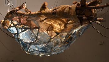 Erica Grimm i.s.m. Tracie Stewart en Sheinagh Anderson (geluid): Salt Water Skin Boats, 2018, takken van wilg,
kornoelje, vijg en ceder, kaasdoek, dierenhuid en darmen, diepzeekaarten, wetenschappelijke formules, was, earbuds
en LED-lampen. Foto Sharon Huget. ericagrimm.com